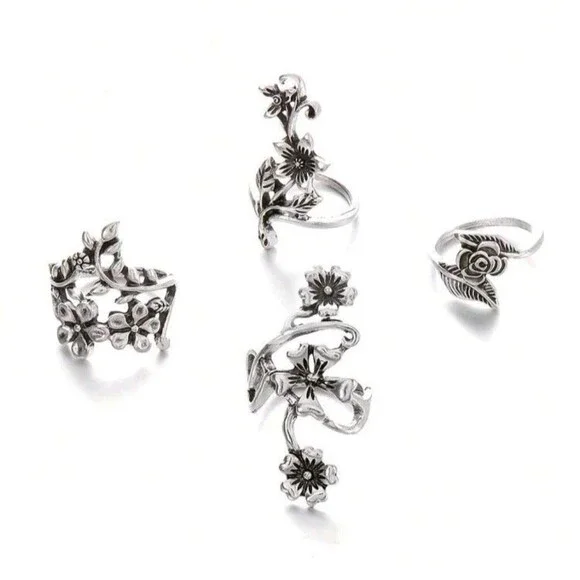 4 PC (Women's)-(Floral Ring Set)-(Silver)-(New)-(Ring Sizes Pitured)-$30.00 - Picture 3 of 5